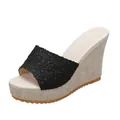 Sandales compensées femme en dentelle noire avec plateforme tissée et bout ouvert - 34 / Noir C