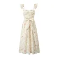 Detailed view of a floral print midi dress featuring a waist bow and ruffled straps - S / Pink