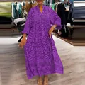 Full view of a stylish purple abstract print loose maxi dress for women in summer - Purple