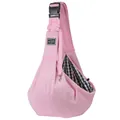 Close-up detail of pink pet sling carrier with checkered lining and adjustable buckle strap. - 65x30x80cm / Pink