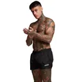 Professional model wearing EHCM black mesh athletic shorts for fitness gym and running - M / Bottoms / Black