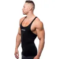 Detail view of mens slim fit gym tank top with EHCM chest print - M / Tops / Black