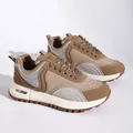 Women's chunky platform sneakers in tan and grey mixed-media mesh lace-up design - 35 / Dark Brown