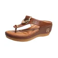 Vintage brown wedge thong sandals for women with gold B logo and hollow out detail - Tan