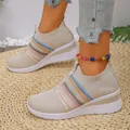 Breathable fly-knit slip-on sneakers with colorful stripes and wedge heels for women - 36 / Off White