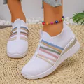 Stylish white breathable knit wedge sneakers with colorful elastic straps for women - 36 / White