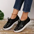 Black breathable hollowed-out casual sneakers with pearl detail and white sole. - 36 / Black