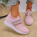 Stylish pink flyknit wedge sneakers for women featuring breathable rainbow stripe design. - 36 / Pink