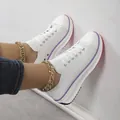Stylish white platform canvas sneakers for women with purple trim and gold anklet. - 35 / White