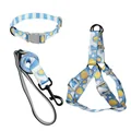 Set de 3 piezas de arnés, correa y collar para perro con estampado de limones azul y amarillo - Set de tres piezas / 1.5cm*120cm / Azul Cielo Naranja