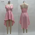 Front and back detail of a pink ruffled irregular hem beach dress for women's summer style - S / Dresses / Pink