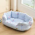 Canapé de lit pour animaux bleu à carreaux avec dentelle et rubans roses pour chatons - L (63*47*19CM) / Rayures Plaid Bleu
