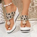 Stylish platform wedge sandals with rhinestones and floral pearl details for summer. - 35 / Black