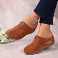 Stylish brown suede clogs for women with metal buckle and chunky sole - Brown