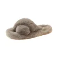 Close-up detail of plush faux fur cross strap slippers in taupe with thick comfortable sole - 35 / Khaki