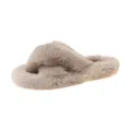 Close-up detail of soft plush cross-band fuzzy house slippers with warm thick sole - 35 / Milk Tea