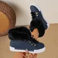 Stylish navy blue winter snow boots for women featuring thick black faux fur trim - Dark Blue