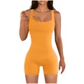 Detailed view of a bright orange sleeveless square neck bodycon yoga romper jumpsuit - S / Top And Bottom / Orange