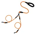 Reflective orange nylon double dog leash with foam handle and tangle-free swivel hook - 1 to 2 Coupler / Orange