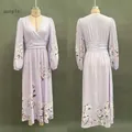 Front and back view of a lavender floral V-neck maxi dress with pleated waist - S / Dresses / Light Purple