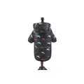 Black winter hooded dog coat with colorful dachshund print on mannequin - S / Black