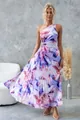 Full view of floral print one-shoulder pleated maxi dress with waist cutout detail - S / Dresses / Purple
