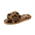 Close-up of fuzzy leopard print slipper with soft plush texture for home comfort. - 36-37 / Coffee