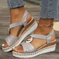 Stylish silver wedge sandals with metallic fish mouth toe and jute-wrapped platform - 36 / Gray