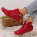 Bottines plates en cuir rouge pour femme avec fermeture velcro latérale et bout rond classique - 35 / Rouge