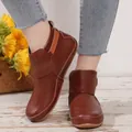 Bottines plates marron pour femmes en similicuir avec bande velcro pour l'automne - Brun Foncé