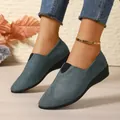 Detailed view of grey-blue suede wedge shoes with pointed toe and elastic band - 36 / Gray