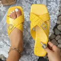 Yellow crocodile embossed flat sandals featuring rhinestone buckles and cross straps - 36 / Yellow