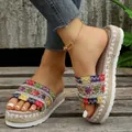 Damen-Plateausschuhe im Ethno-Stil mit bunten gewebten Riemen und Espadrilles-Sohle - 35 / bunt