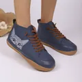 Blue high-top lace-up sneakers for women with a cute artistic cat print illustration - 36 / Blue