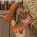 Detail view of women's high-top flat shoes with orange contrast and cute cat print. - 36 / Orange