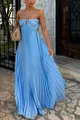 Full-length detail of a light blue pleated maxi dress with spaghetti straps. - S / Dresses / Sky Blue