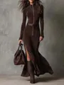 Elegant dark brown suede maxi jumpsuit with zipper and belt for autumn fashion look. - Coffee