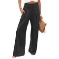 Women's high-waisted wide-leg casual pants in solid black with smocked waistband - S / Bottoms / Black