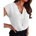 Casual white V-neck cap sleeve blouse for women with elegant textured fabric detail - S / Tops / White