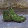 Vintage olive green pleated leather ankle boots with round toe and double side zippers - 35 / Green