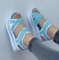 Close-up of light blue platform sandals with Velcro straps and comfortable white soles - 35 / Light Blue