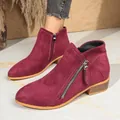 Detailed side view of burgundy suede ankle boots featuring double side zippers and low chunky heel - Burgundy