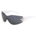 Trendy Y2K wrap-around sunglasses with white frame and large silver star decoration for fashion - White Frame Black Grey Lens