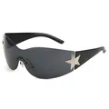 Chic wrap-around cycling sunglasses with metallic star accent in black for fashion - Black Frame Gray Lens