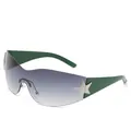 Fashion shield sunglasses with silver star decoration and dark green temples for men and women - Green Frame, Gradient Grey Lens