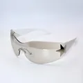 Trendy white wrap-around sunglasses with metallic star detail for outdoor activities - White Frame, Light Silver Mirror Lens