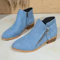 Detail shot of light blue suede ankle boots featuring double side zippers and chunky heel - 36 / Blue