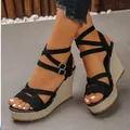 Women's black crisscross strap espadrille wedge sandals with open toe - 38 / Double Strap Style / Black