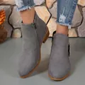 Stylish grey faux suede women's ankle boots featuring a chunky heel and dual side zippers - Dark Gray