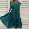 Elegant dark teal chiffon dress with intricate lace bodice and flowing skirt detail - 3XL / Dresses / Green